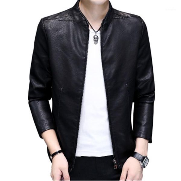 

casual leather jackets fashion trend zipper slim solid color coats jackets designer male stand collar with pocket outerwear man, Black