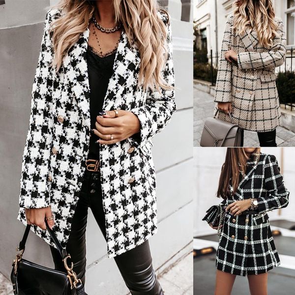 

women's wool & blends women fashion plaid houndstooth printing long jacket lapel trench coat overcoat winter faux abrigos mujer, Black