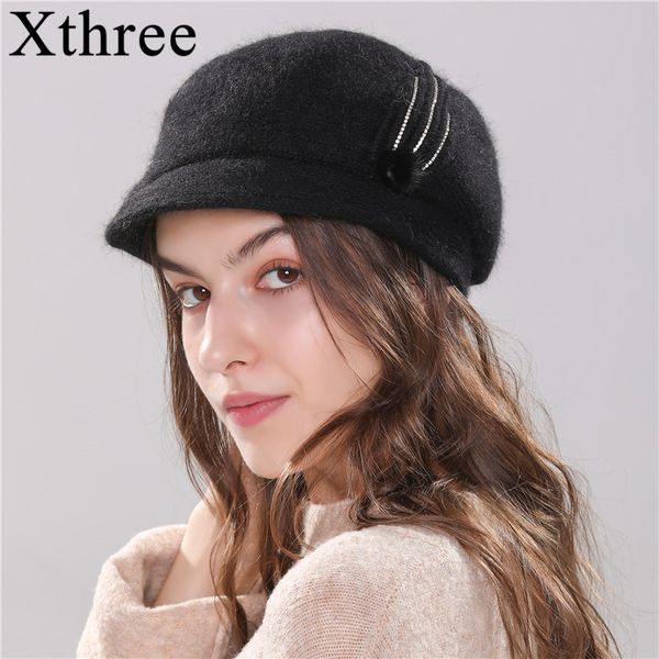 

xthree new women's hat knitted winter hat beret hat for girl angola rabbit fur fashion beanie cap with brim 201026, Blue;gray