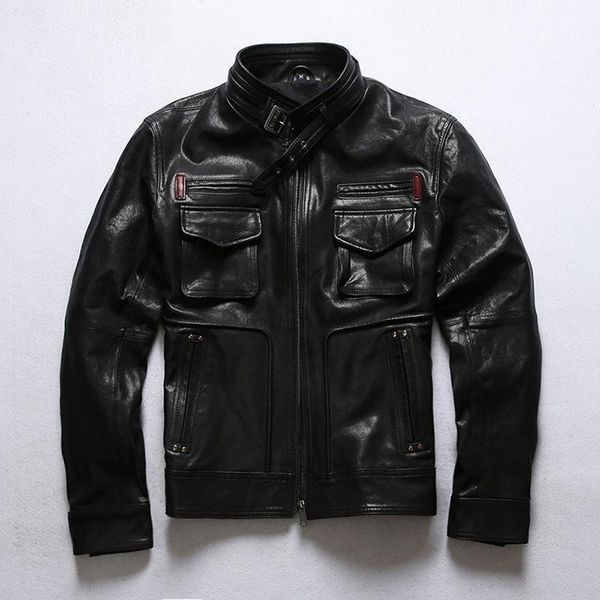 

jacket male japanese restore ancient ways recreational brief paragraph more pocket tanned sheep leather skin graft1, Black