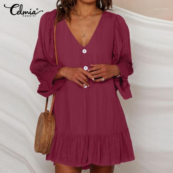 

summer dress 2020 celmia women's puff sleeve v neck ruffles mini dress casual loose buttons beach party vestidos plus size1, Black;gray