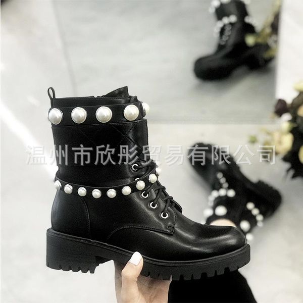 

2020 large size pearl martin boots ins new knight round head belt buckle short boots women women shoes, Black