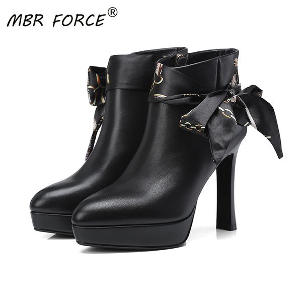 

mbr force cowhide pointed head rubber sole european and american style high heels bow decoration ankle boots 1026, Black