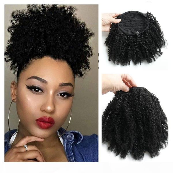 

120г afro kinky завитые человеческих волос хвостик для чернокожих женщин бразильский девы волос короткие высокого кулиской конский хвост ext, Black