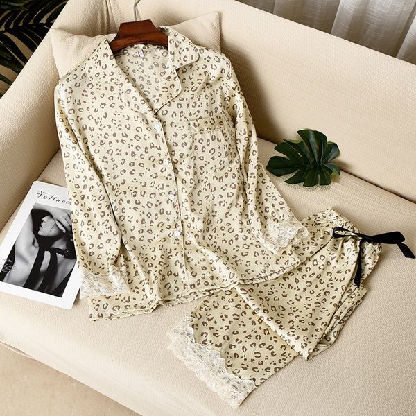 

spring new pajamas suit women satin long sleeve thin sleepwear loose printed leopard 2pcs sleep set lady lounge wear homewear, Black;red