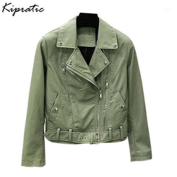 

spring new mustard green pu leather jacket ladies short moto biker faux leather jacket with belt black women coat outwear1