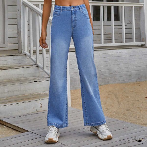 

3031# women's fashion high waist wide leg white denim trousers, Blue
