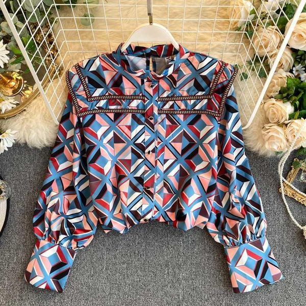 

ewq] 2020 summer new retro geometric color-block check loose women's shirt korea style stand neck womens and blouses qv2431, White