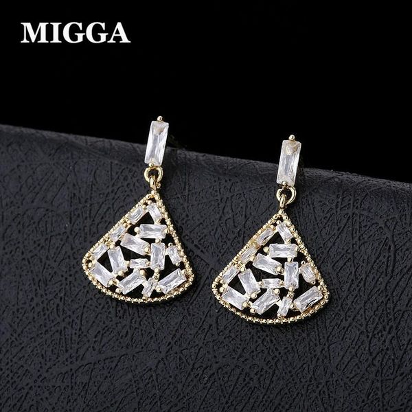 

migga shining cubic zircon paved hollow fan shaped hanging dangle earrings gold color women jewelry, Silver