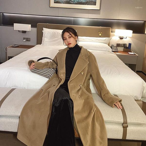 

woollen coat women's new cashmere style winter 2020 double breasted belt medium long coat1, Black