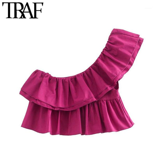 

traf women fashion ruffled cropped asymmetric blouses vintage skew collar sleeveless female shirts blusa chic 1, White
