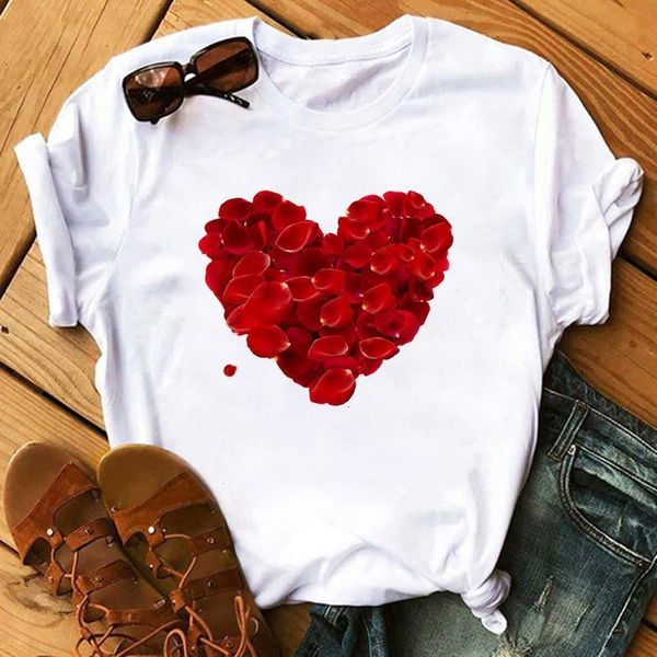 

new red heart rose print women tshirts summer casual funny short sleeve t shirts 90s kawaii ulzzang valentine's day gift, White