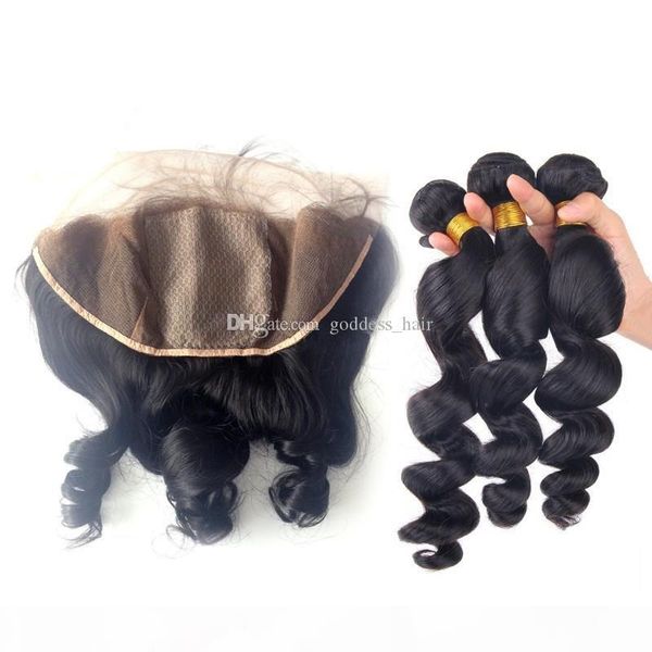 

8a brazilian loose wave with silk base lace frontal closure 13*4 ear to ear silk 4*4 lace frontal with bundles 4pcs lot, Black