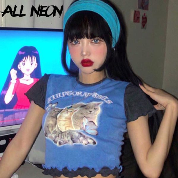 

allneon y2k summer cute cat graphic print ruffle hem t-shirts for women e-girl kawaii o-neck short sleeve patchwork crop, White