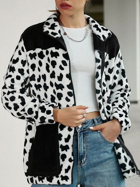 

cow print slant pocket coral fleece jacket c8qt#, Black;brown