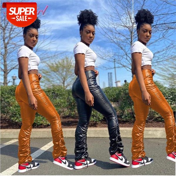 

causal solid pu leather elastic high waist bell bottom falre stacked pants women 2020 autumn joggers outfit streetwear trousers #vy22, Black;white