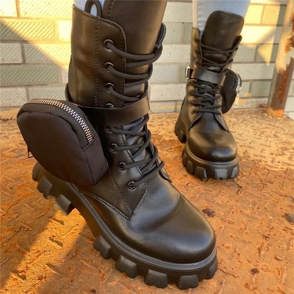 

2020 new product pocket motorcycle boots women platform shoes lace up thick-soled black military shoes woman half botas mujer