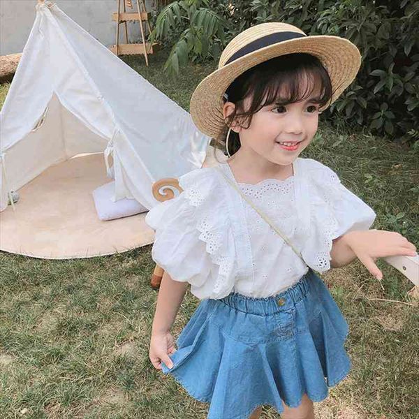 

summer girls clothes sets baby lace jacket t-shirt denim skirt 2pcs suits outfits toddler baby kids childrens clothing, White