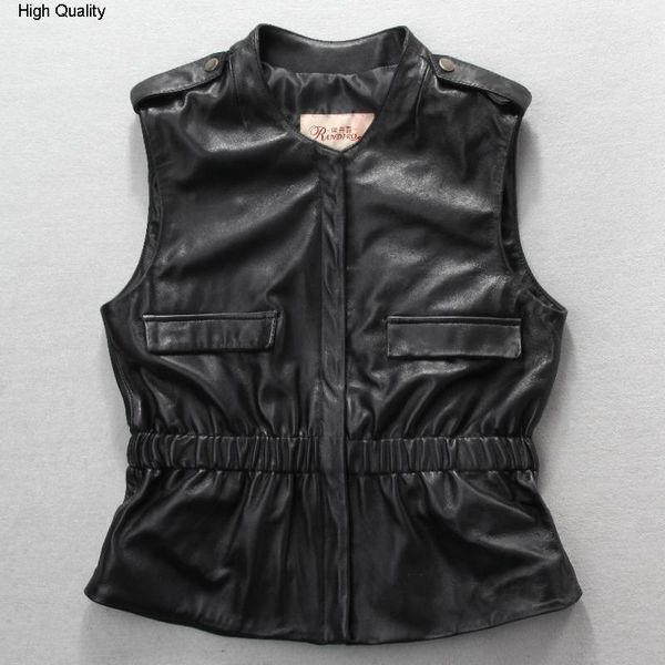 

women's sleeveless genuine leather jacket with elastic waist black slim fit leather vest women epaulet vest lady