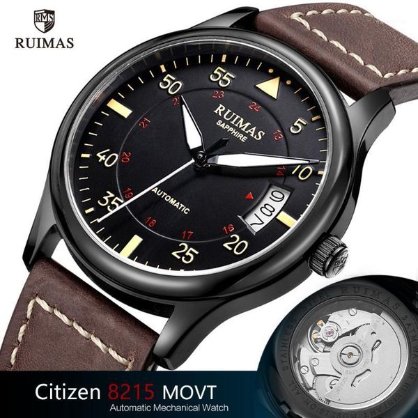 

ruimas luxury automatic mechanical watches men leather strap luminous wristwatch man sport waterproof watch man watch1, Slivery;brown