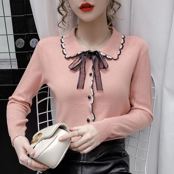 

women's sweaters buttons sweater pullovers full sleeve turn-down collar stretchable jumpers knitted for female 2021, White;black