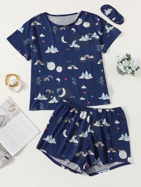 

plus slogan & cartoon graphic pj set & eye mask l4vn#, Black;white