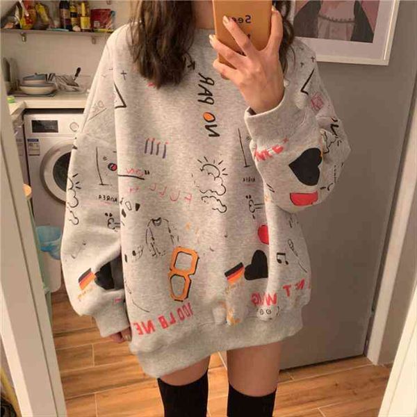 

harajuku hip hop autumn long sleeve oversized pullover sweatshirt for women printing crew neck loose hoodie female hoodies, Black