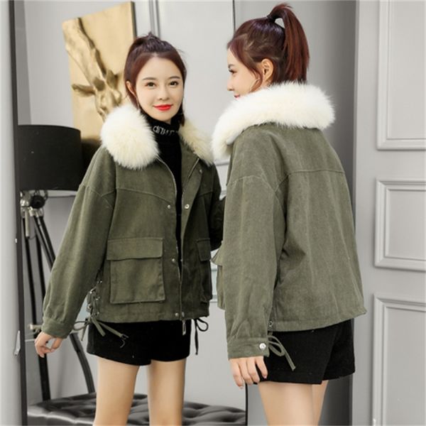 

Winter Synthetic Fur Collar with Big Military Pocket Cap Four Colour Quilted Cotton Jacket Outerwear H04u, Black