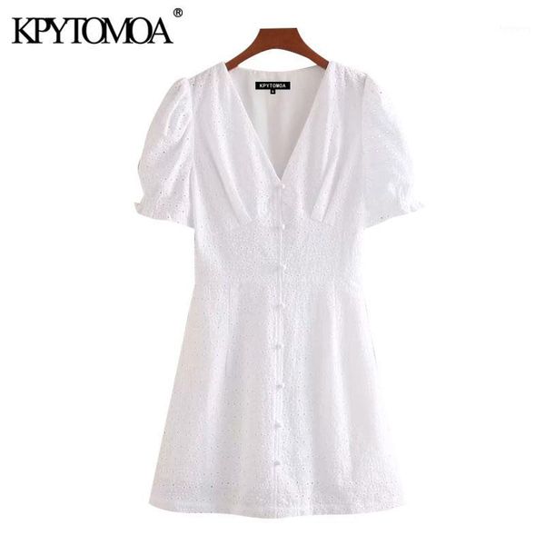 

kpytomoa women 2020 chic fashion cutwork embroidery mini dress vintage v neck short sleeve with lining female dresses vestidos1, Black;gray