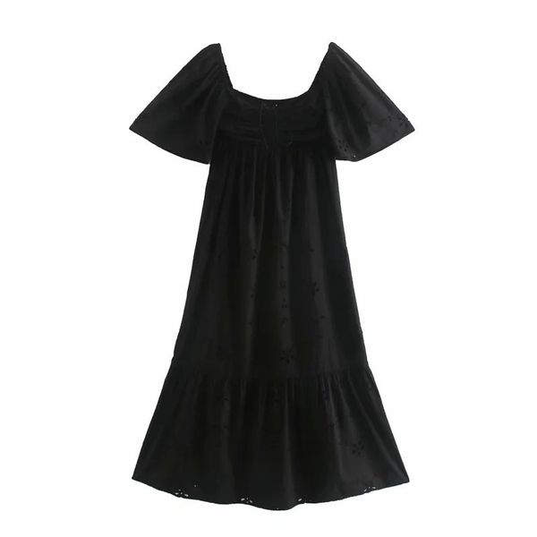 

2021 new women vintage cutwork embroidery dress fashion square collar short sleeves elastic back elegant chic dresses klky, Black;gray