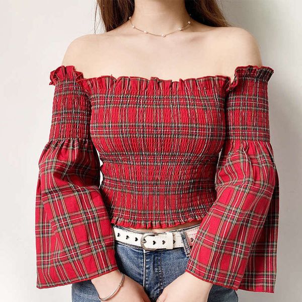 

tight 2020 women's red plaid pleated flared sleeve off shoulder top, Black;gray