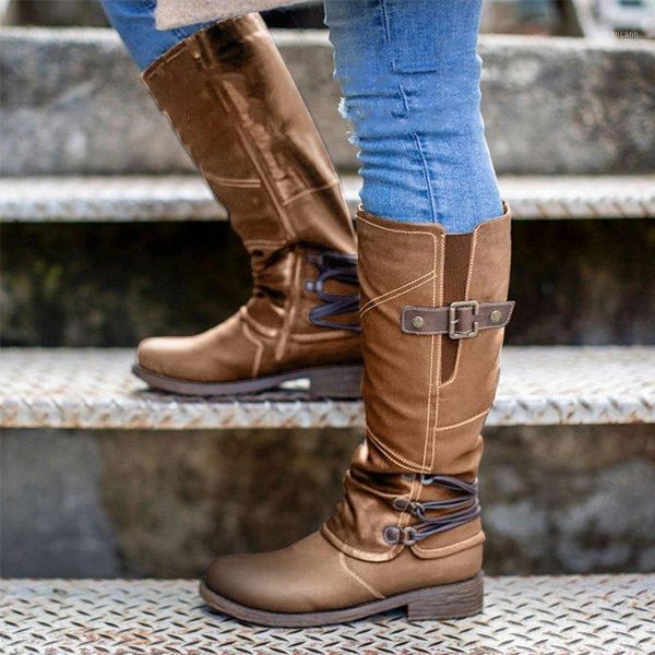 

2020 autumn women boots vintage pu leather buckle round toe flat long boots ladies zipper low heel knee high riding1, Black