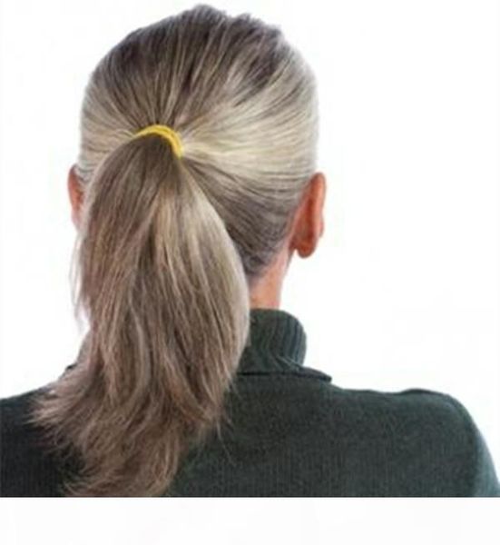 

silver grey human hair pony tail hairpiece wrap around dye natural hightlight salt and pepper gray hair ponytail for black women