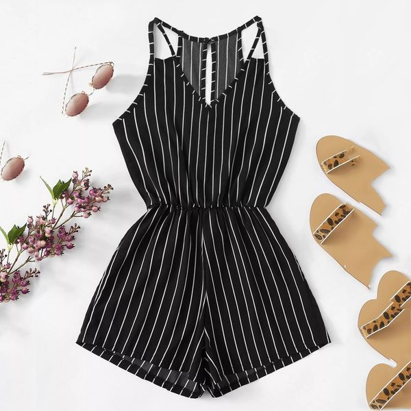 

new bodysuit women summer sleeveless strappy short playsuits striped cami belt romper jumpsuit loose fashion 2020, Black;white
