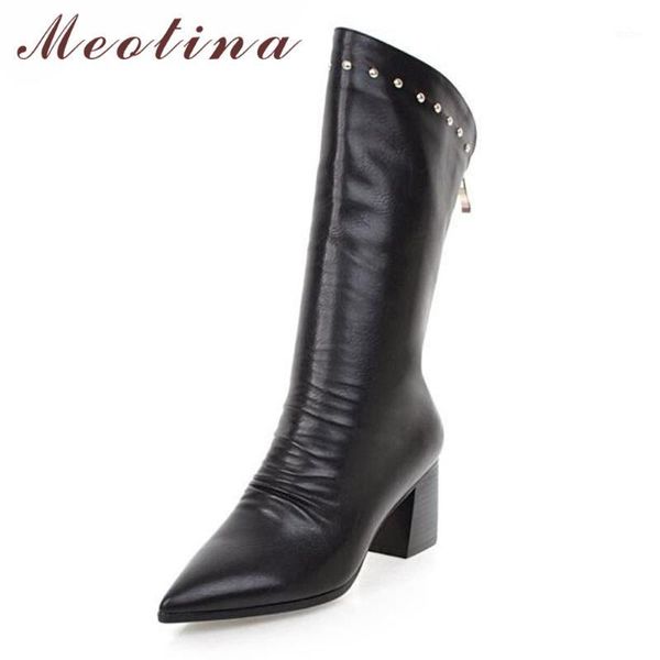 

meotina 2020 winter women mid calf boots pleated ladies western boots rivets square high heel zip autumn ladies footwear1, Black