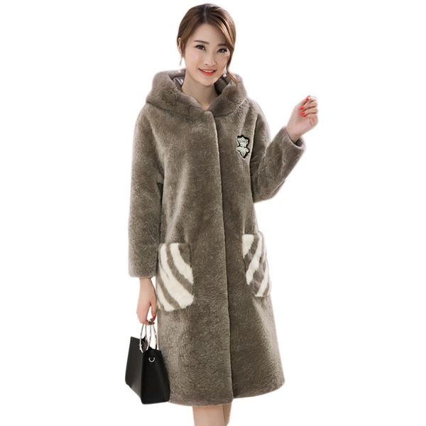 

women's fur & faux medium long women winter jackets woman warm artifical coats female ladies with hood big size, Black