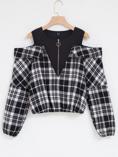 

plaid o-ring zipper cold shoulder blouse d8p6#, White