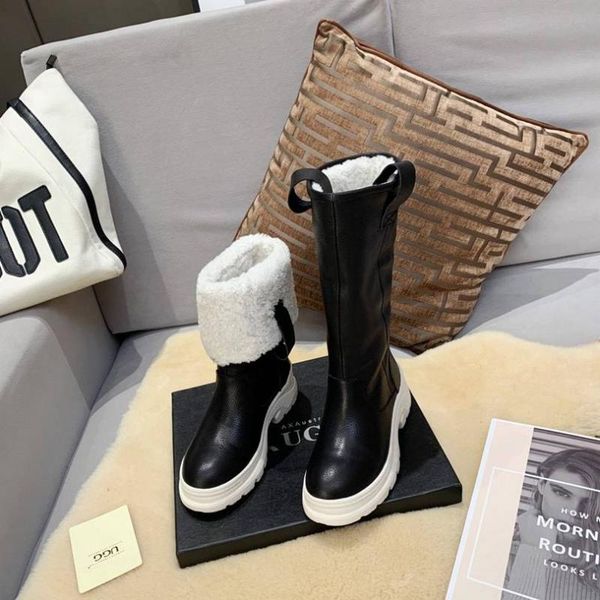 

winter snow boots women genuine leather long booties woman chunky boots two ways to wear platform shoes 2020 newest, Black