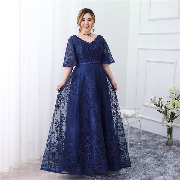 

5xl plus size lace long evening dress v-neck horn sleeve elegant formal dress a-line navy blue empire waist occasion women1, White;black