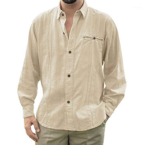 

2021 mens loose fit cuban camp guayabera linen long sleeve soild shirts casual button down beach breathable shirts1, White;black