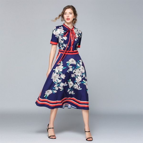 

fashion design women's bow neck print short sleeve a-line mid dress butterfly skirtlong skirt long skirtdress hitrn, Black;gray