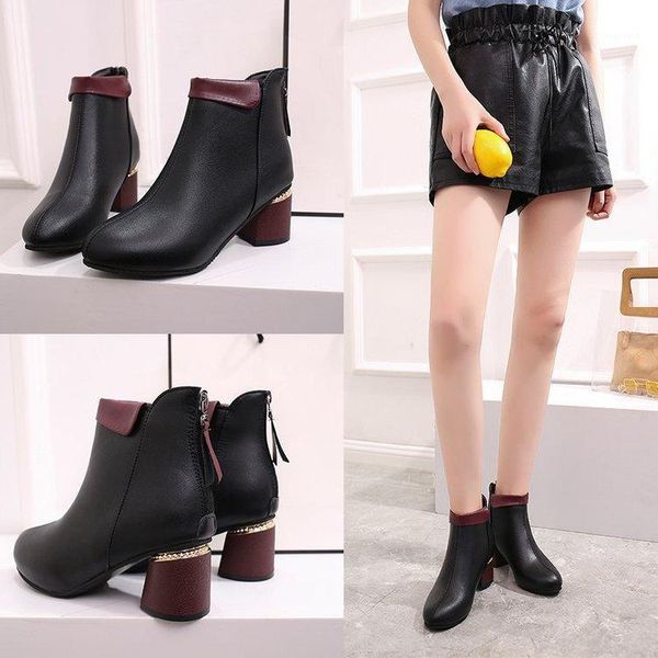 

new 2020 winter women boots retro zipper letters ankle boots square heel warm female botas de mujer size 35-421, Black