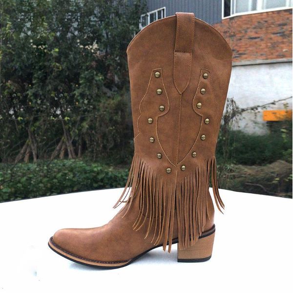 

tassel boots women winter new fashion vintage pointed toe chunky heel casual mid-calf shoes woman botas mujer invierno 2020, Black