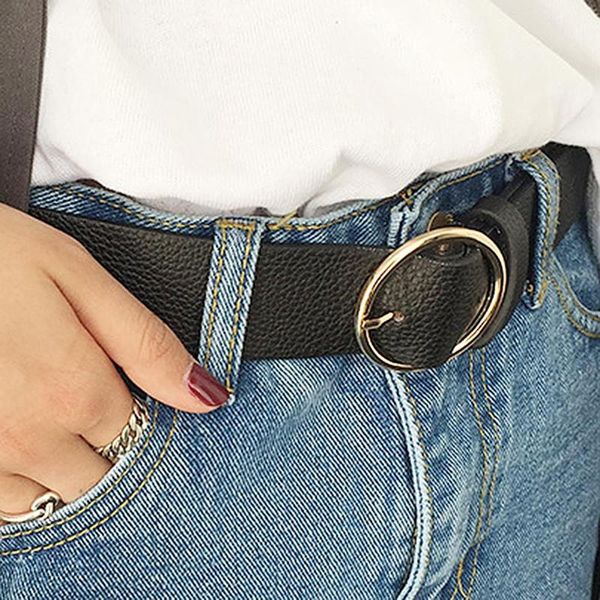 

fashion women faux leather round buckle wide waistband pants dress waist belt pu leather women's wide belt round buckle, Black;brown