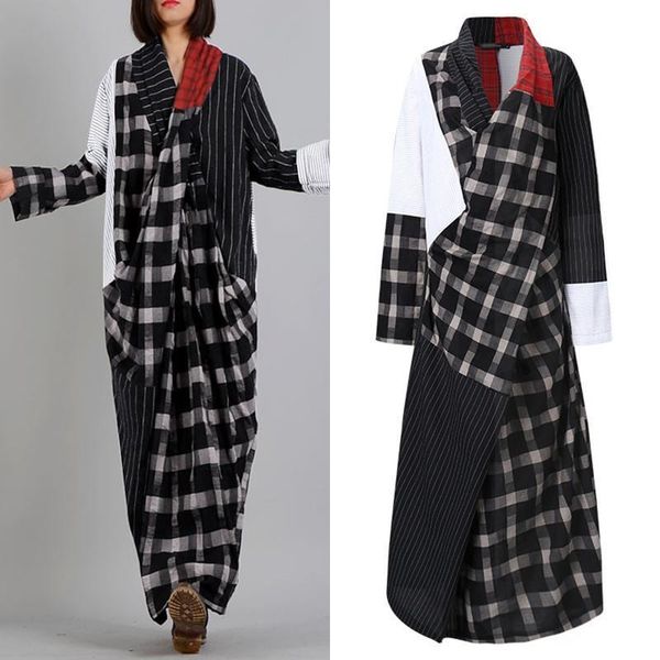 

oversized asymmetrical dress woman spring sundress casual long sleeve full plaid vestidos female v neck patchwork retro robe, Black;gray