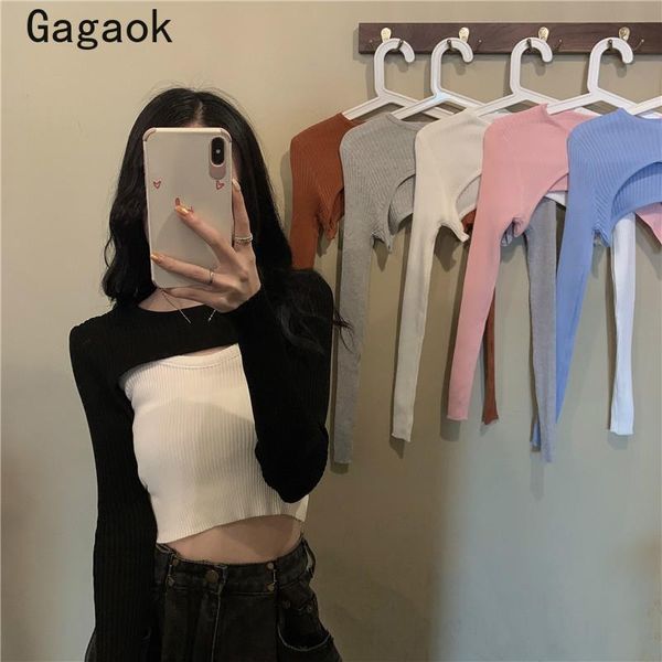 

women's sweaters gagaok stacked sweater 2021 spring autumn outfits solid short slim knitted korean wild fashion pullovers, White;black