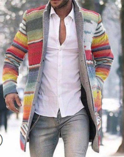 

men's long blazer coats office overcoat 4xl autumn and winter rainbow print long warm coat men plus size outwear black warm