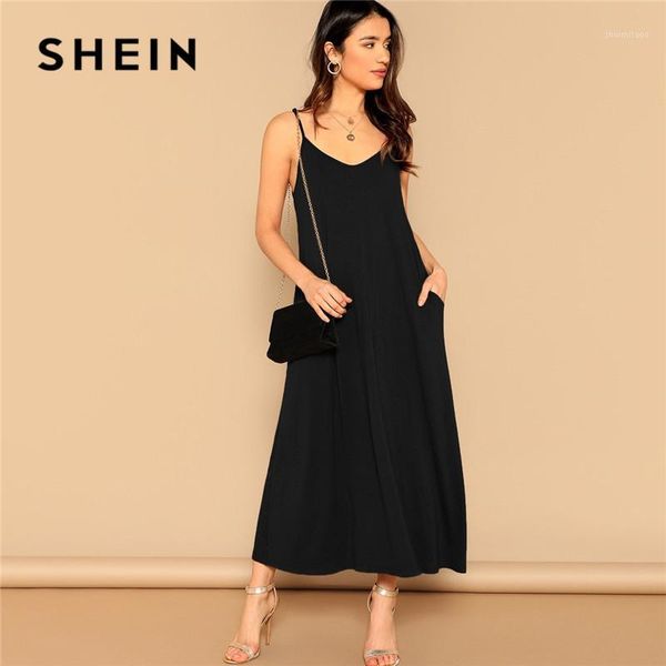 

shein pocket patched swing cami summer dress women clothes 2020 solid casual sleeveless straight maxi dress ladies black1, Black;gray