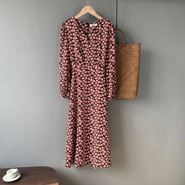 

2021 new sherhure flower print v-neck long sleeve boho loose style women vintage midi length elegant vestidos kpvp, Black;gray