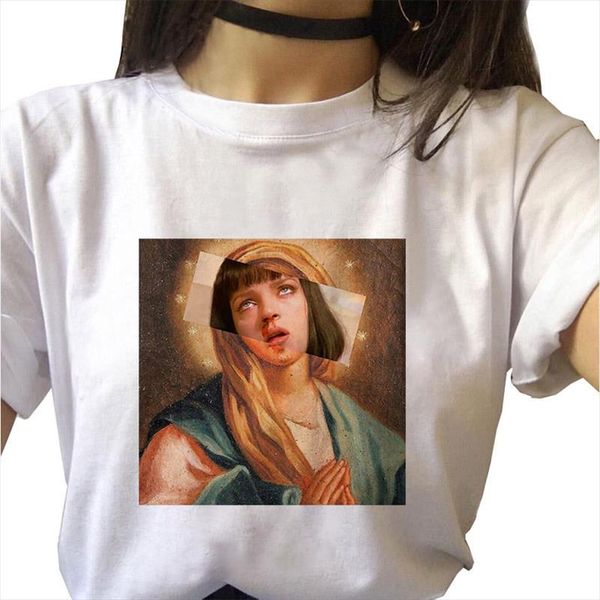 

summer 2021 pulp fiction t shirt women fashion hip hop ulzzang grunge aesthetic tshirt women casual print short sleeve, White
